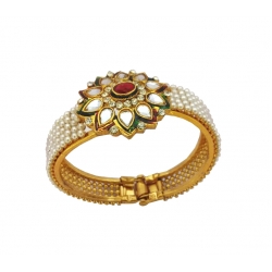 B0025- Kundan Ruby Pearl GOLD PLATED Flower Motif Openable Kada